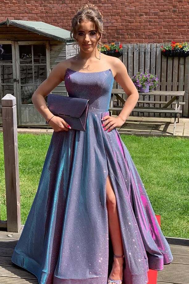 A-Line Purple Multi Sequin Strapless Prom Gown - Fashionpara