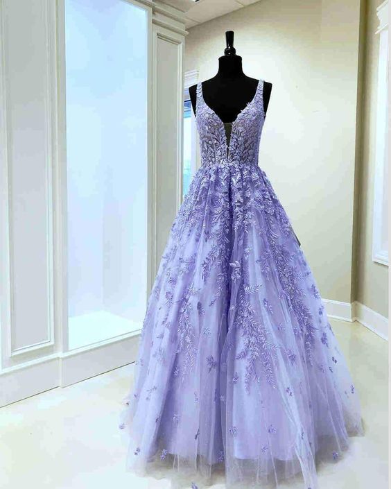 Gorgeous V-Neck Embroidery Lavender Long Prom Dress - Fashionpara