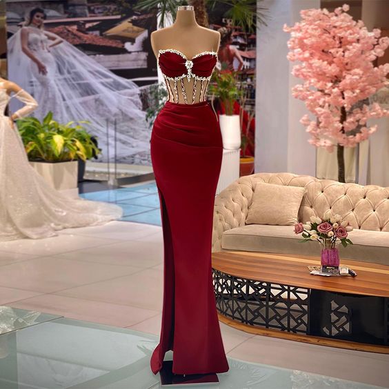 Burgundy Prom Dresses Robes De Soiree See-Through Body Sweetheart Beading Rhinestones Mermaid Evening Dress Split Pageant Gown - Fashionpara