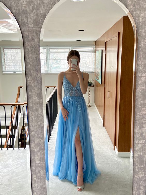 Blue Tulle Prom Gown, Elegant Long Formal Dress - Fashionpara