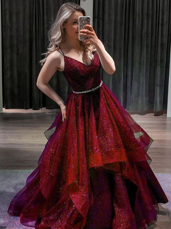 Beautiful Wine Red Layers Tulle Straps Long Party Dress, Burgundy Long Prom Dress - Fashionpara