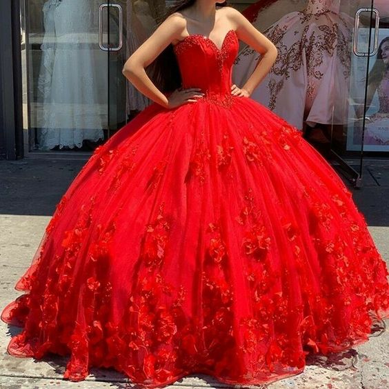 Red Prom Dress Ball Gown Quinceanera Dresses 3D Flowers Princess Corset Back Princess Prom Sweet 16 dress - Fashionpara
