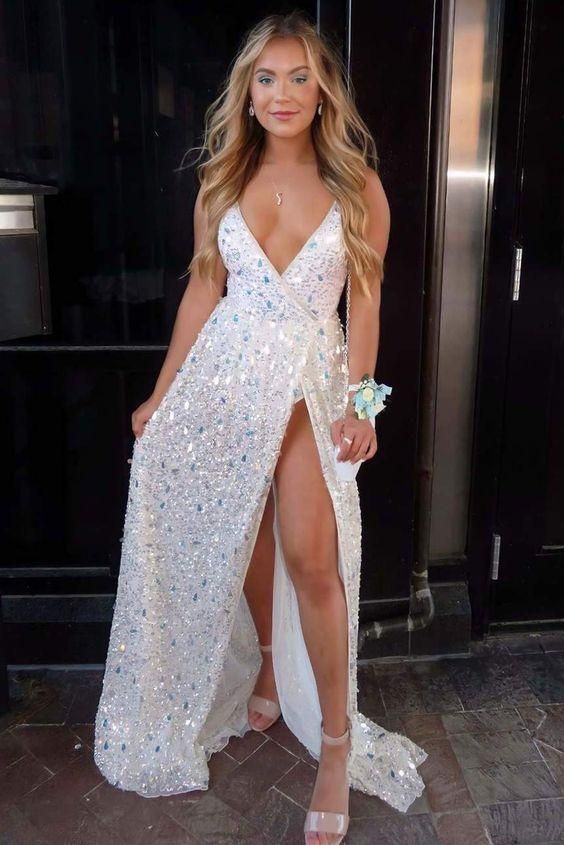Sexy Deep V-Neck White Sequined Prom Gown - Fashionpara