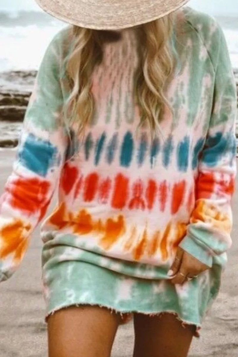 Knit Crew Neck Raglan Sleeve Raw Hem Oversized Sweatshirt Mini Dress