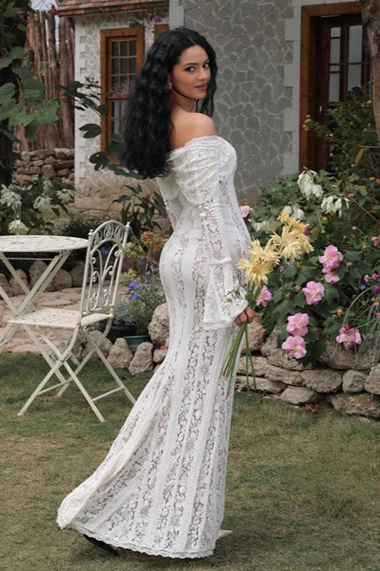 Lace Off Shoulder Long Sleeve Mermaid Gown 4