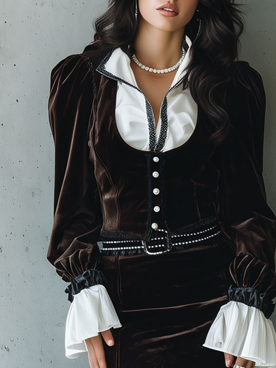 Victorian Dark Brown Velvet Buttoned Corset Maxi Dress With Ruffled Details