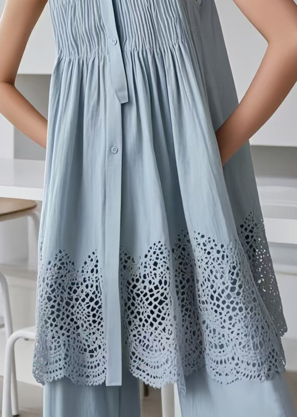 Collar Button Down Pintuck Pleated Babydoll Eyelet Hem Mini Dress - View 3