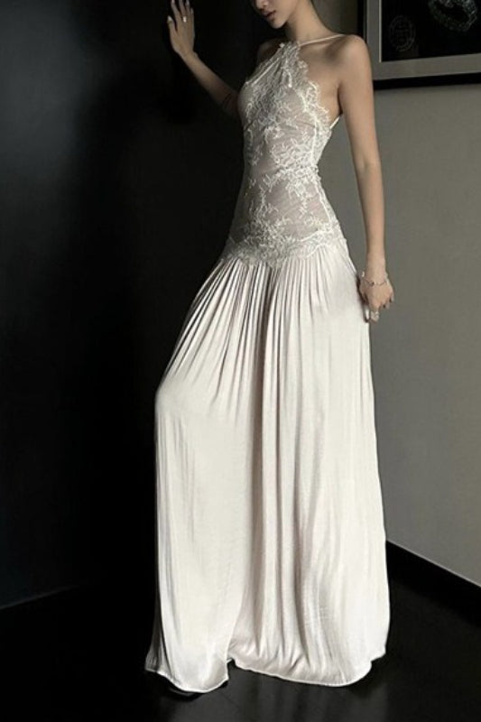 Halter Neck Lace Bodice Satin Maxi Gown 2