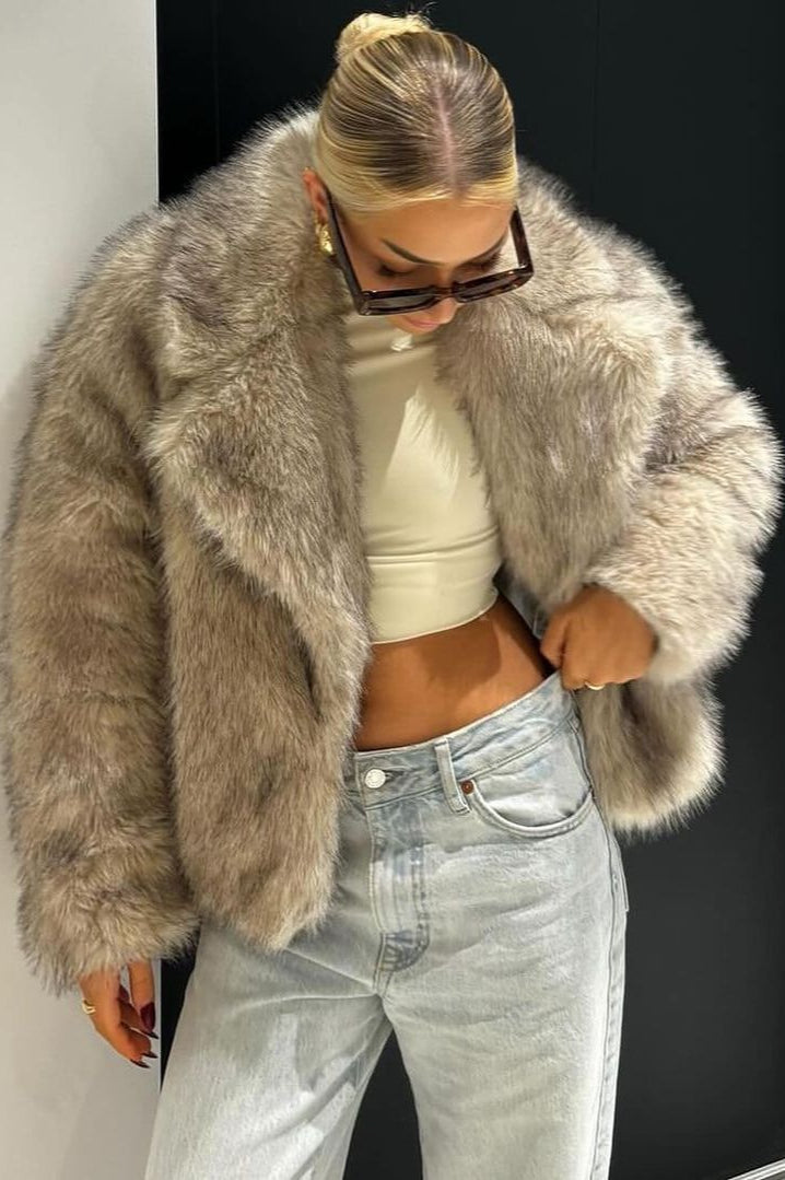 Cropped Faux Fur Lapel Coat - Fashionpara