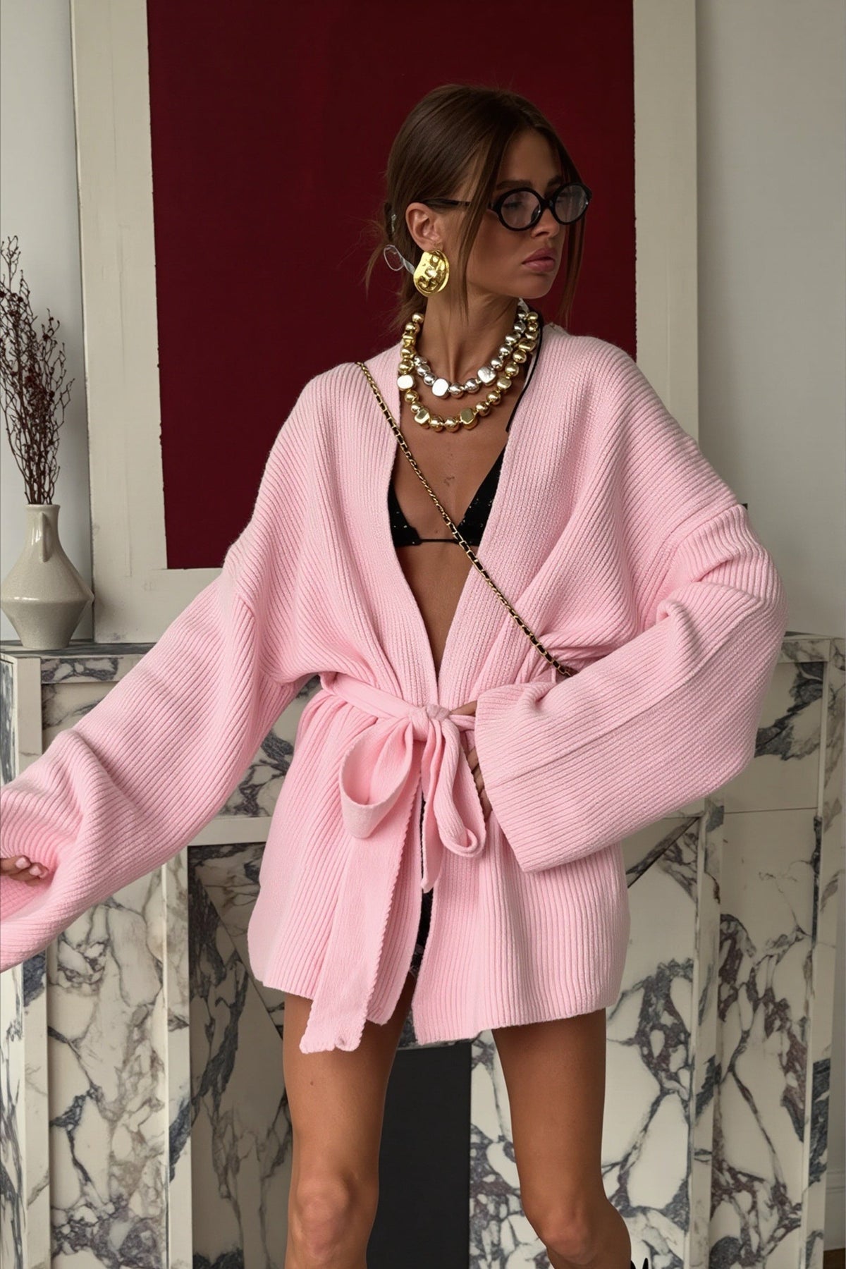 Loose Tie Waist Longline Cardigan