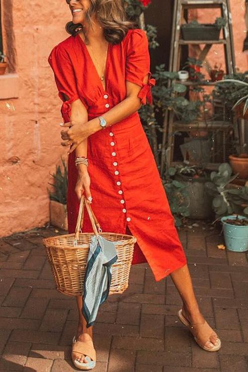 Deep V-Neck Puff Sleeve Tie Cuff Button Front A-Line Midi Dress - View 7