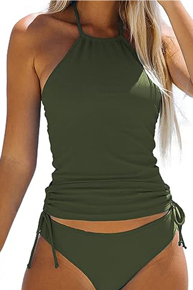 Simple resort style military green halterneck two-piece swimsuit - Fashionpara