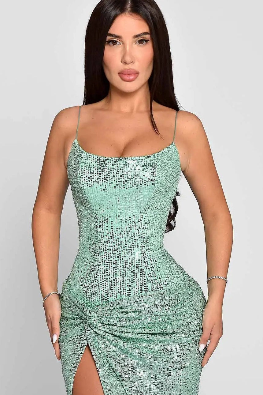 Sequin Square Neck High Split Mermaid Maxi Dress 3