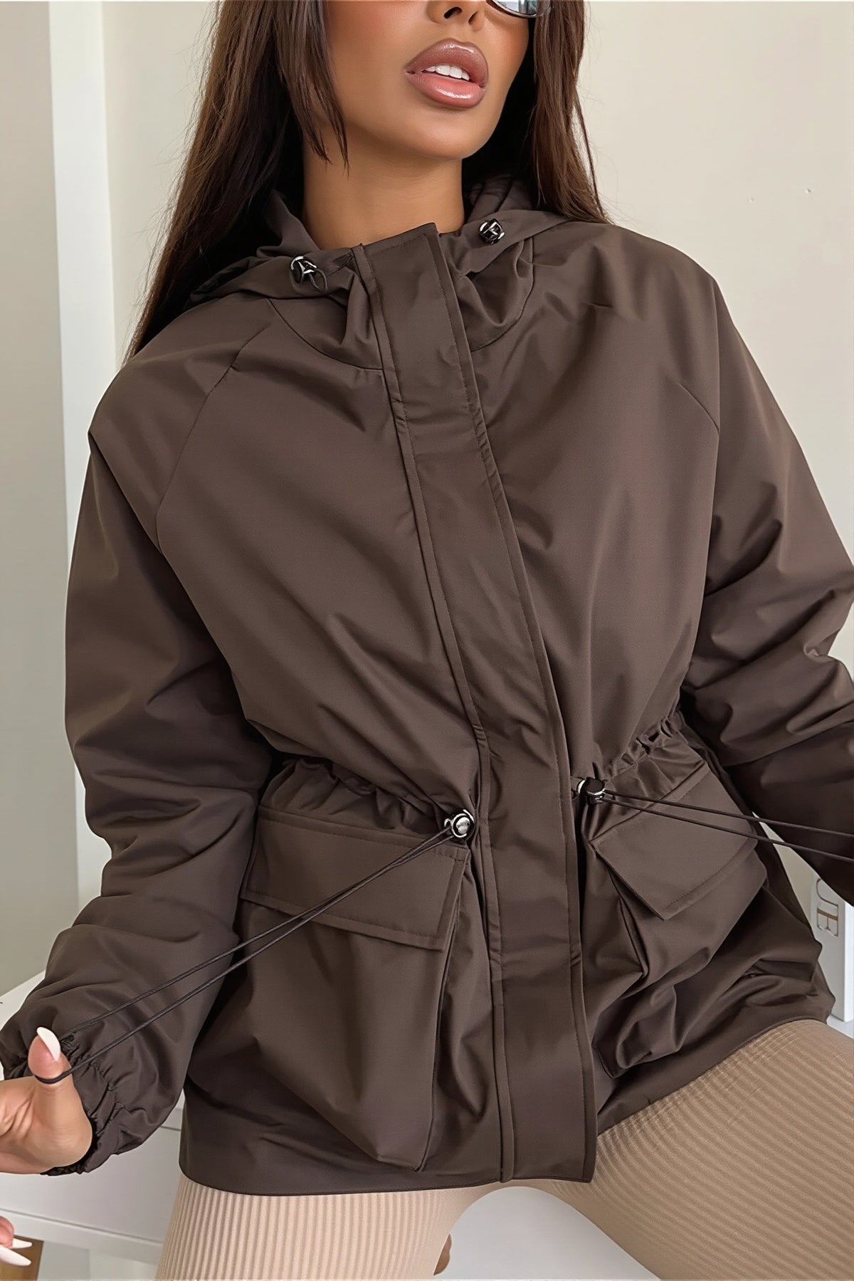 Hooded Drawstring Waist Utility Jacket