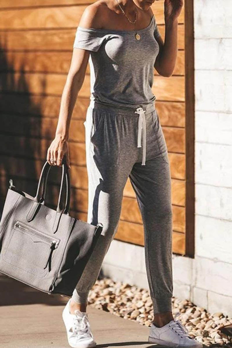 Short Sleeve Solid Color One Shoulder Casual Wear Jumpsuit - Fashionpara