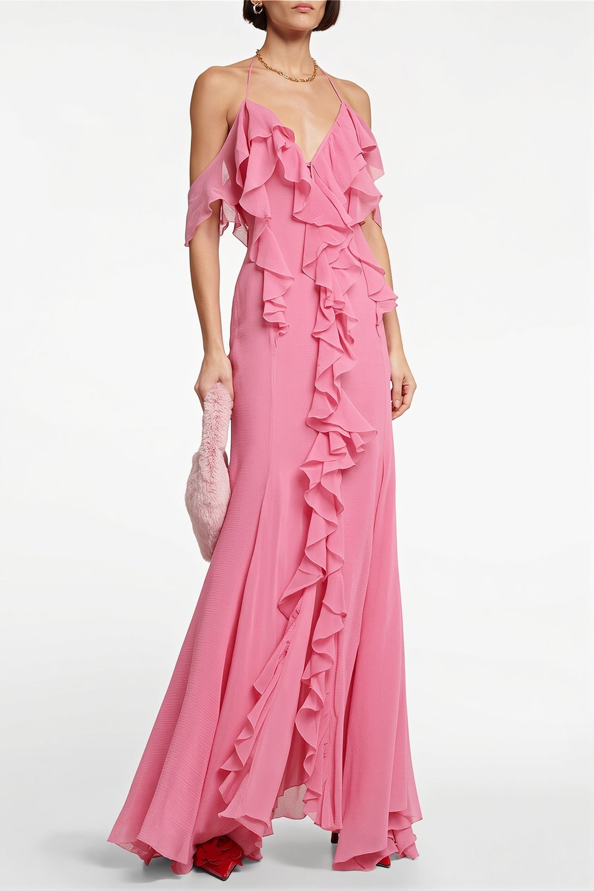 Ruffle Deep V-Neck Cold-Shoulder Maxi Gown
