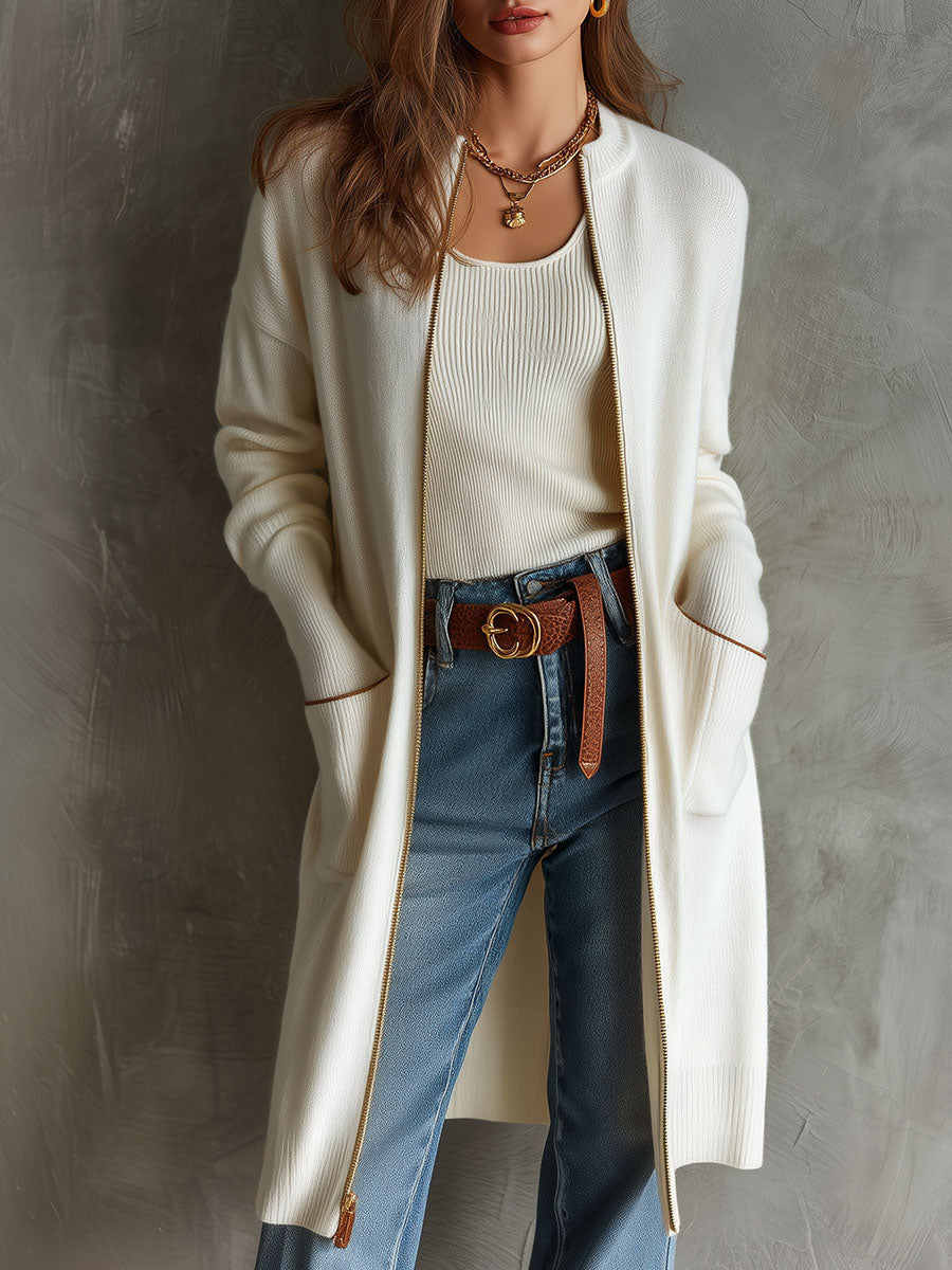 Cozy Front Zip Long Knit Sweater Coat With Pockets - Fashionpara