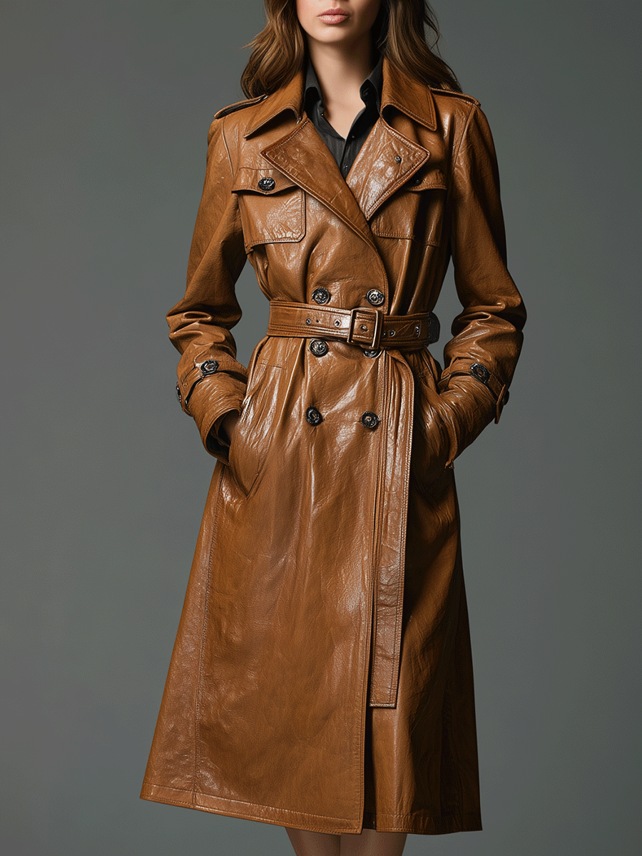 Classic Cognac-Colored Belted Faux Leather Trench Coat