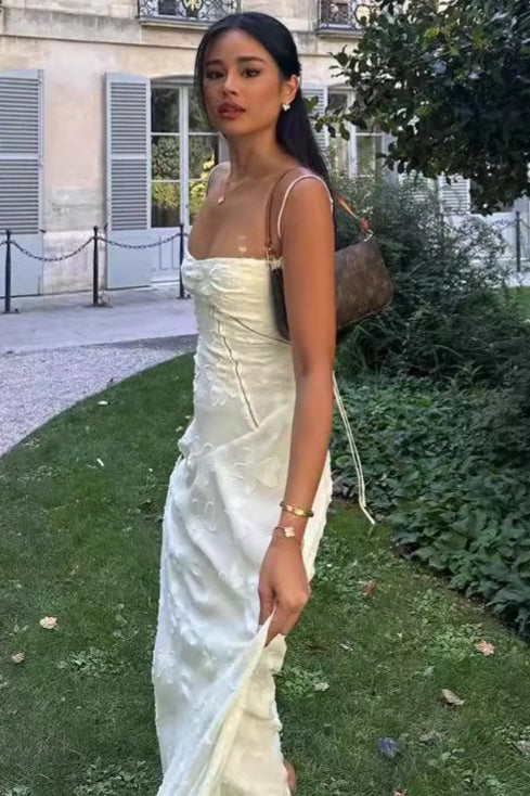 Vintage Cream Strap Floral Backless Maxi Dress