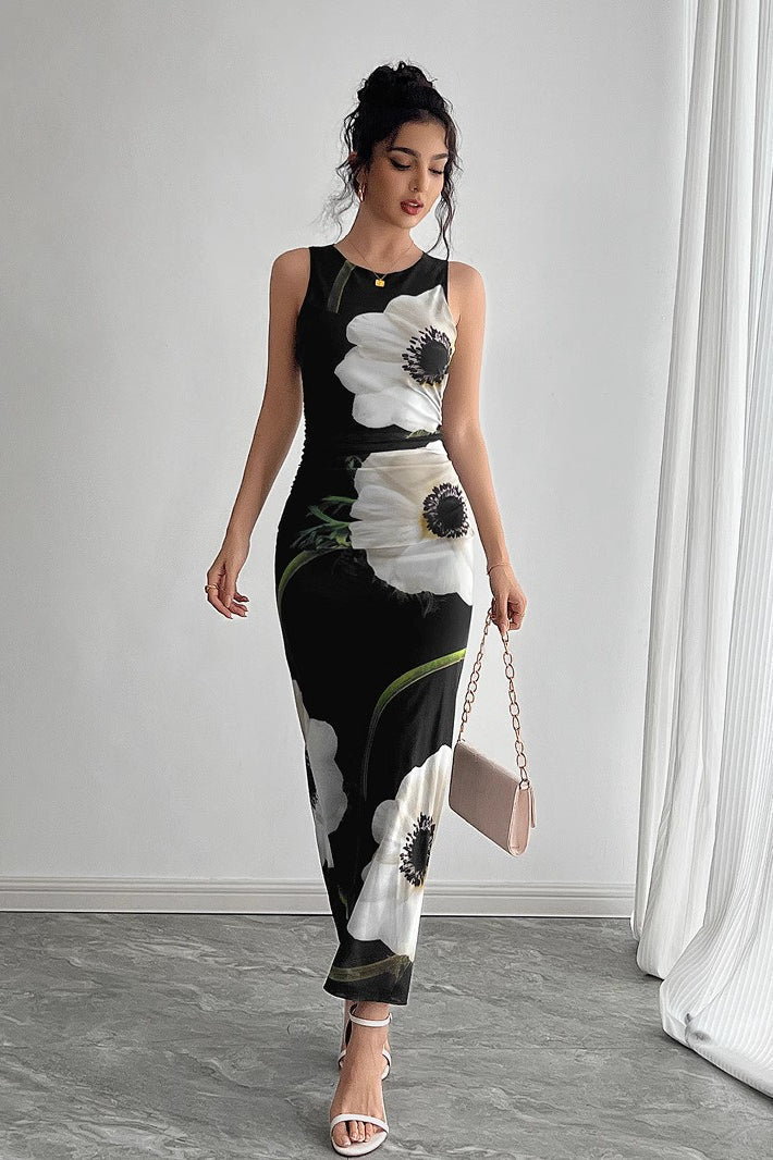 Floral Print Crew Neck Sleeveless Bodycon Maxi Dress