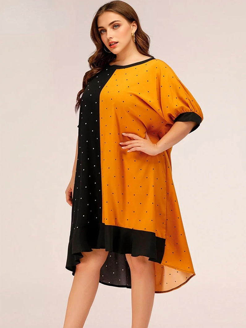 Contrast Color Round Neck Dot Ruffle Hem Dresses 2