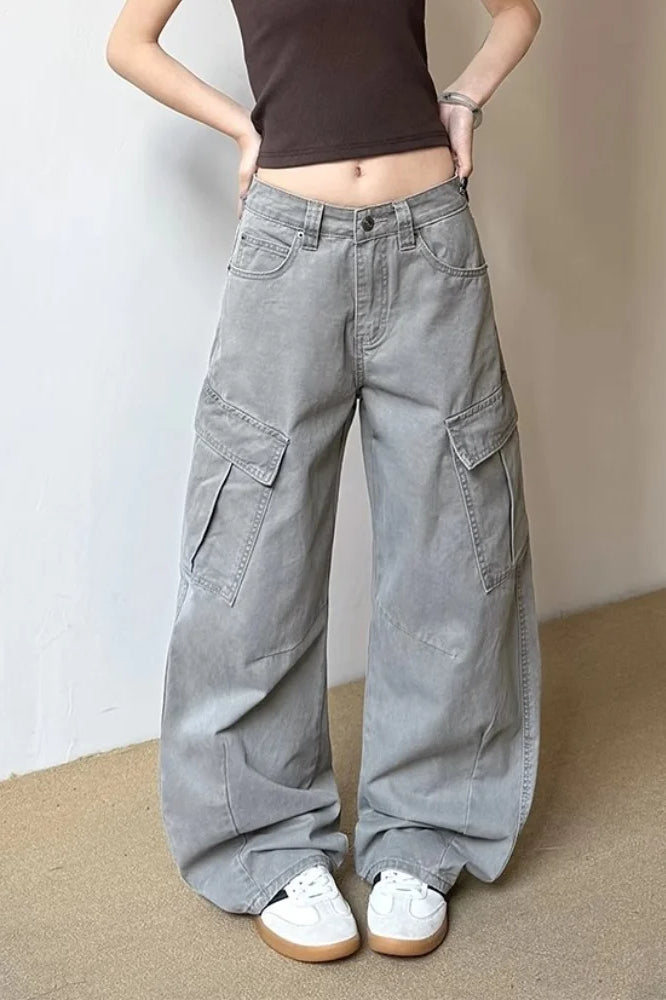 Vintage Grey Wide Leg Cargo Jeans