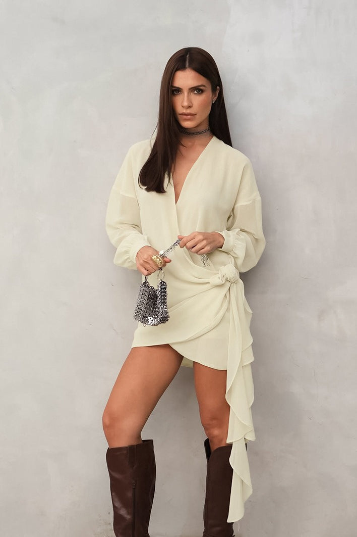 Chiffon V-Neck Long Sleeve Wrap Mini Dress