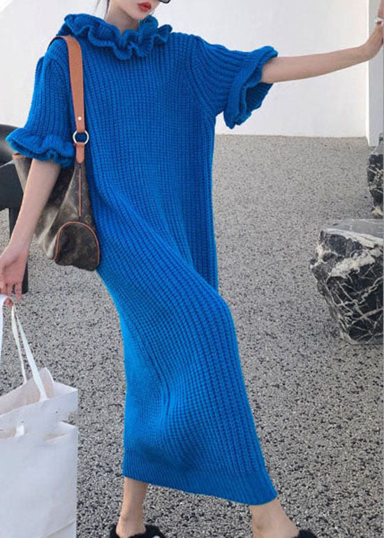 Rib Knit Ruffle Mock Neck Puff Sleeve Oversized Shift Maxi Dress - View 4