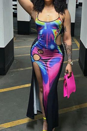 Fun Body Print Hollow Sleeveless Bodycon Maxi Dress