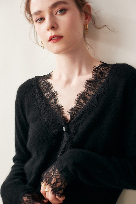 Luxe Cashmere V-Neck Cardigan with Elegant Lace Trim