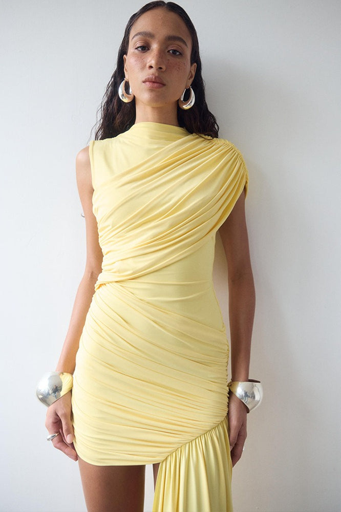 High-Neck Sleeveless Ruched Asymmetric-Drape Bodycon Mini Dress