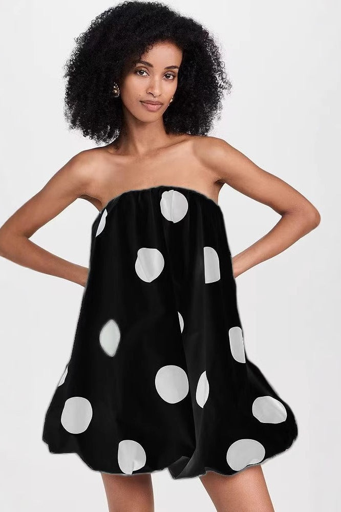 Polka Dot Print Strapless Bubble Hem Mini Dress