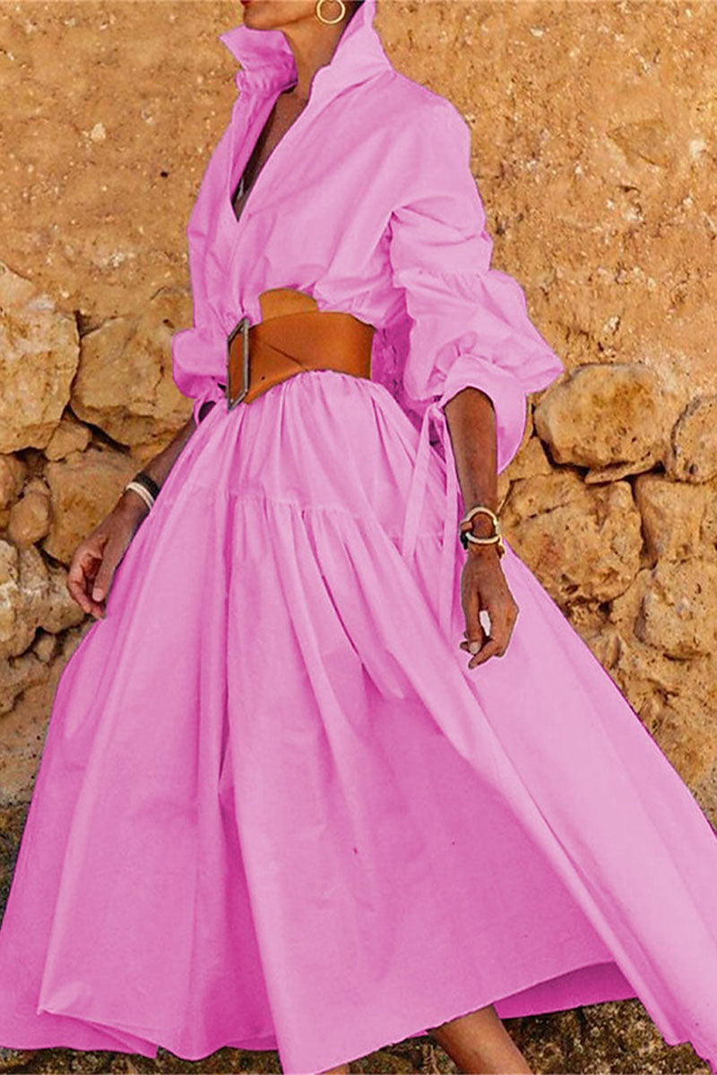 Temperament Lapel Long Sleeve Casual Long Dress - Fashionpara