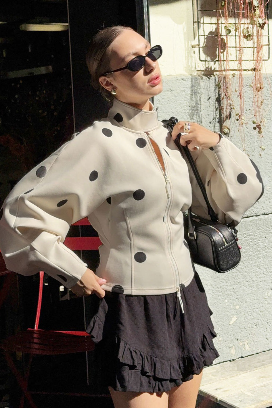 Polka Dot Waist Zip Jacket - Fashionpara