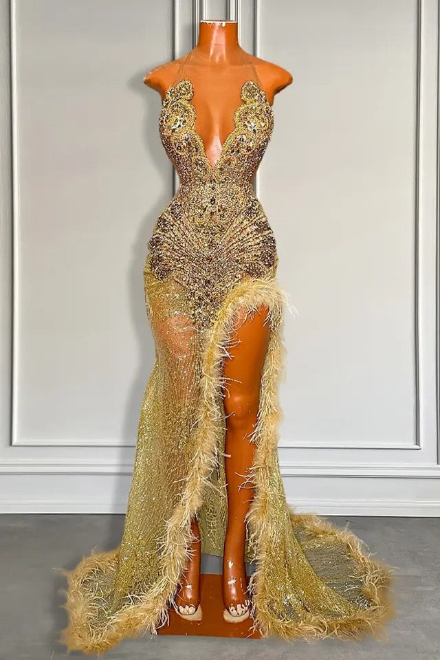 Glamorous Gold Sleeveless Mermaid Long Formal Dresses with Sequins High Slit and Feather Beadings - Fashionpara