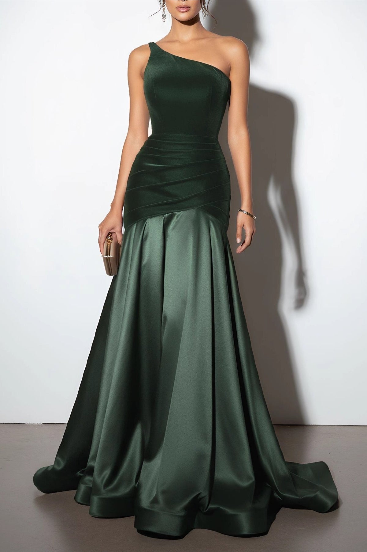 Velvet One Shoulder Ruched Satin Mermaid Gown 3