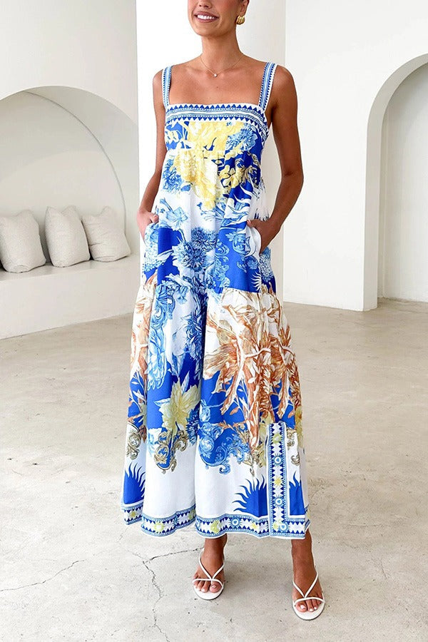 Unique Printed Square Neck Backless Pocket Maxi Dress - Fashionpara