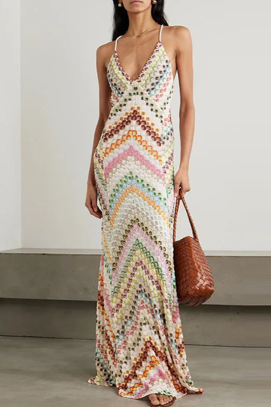 Zigzag Knit Halter Neck Backless Maxi Dress