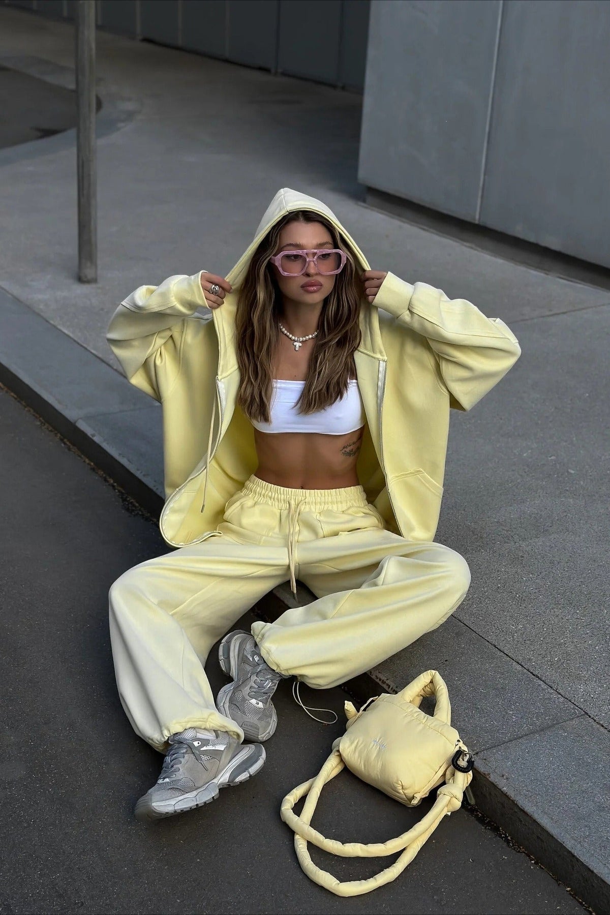 Solid Oversized Zip Front Hoodie Two Piece Set