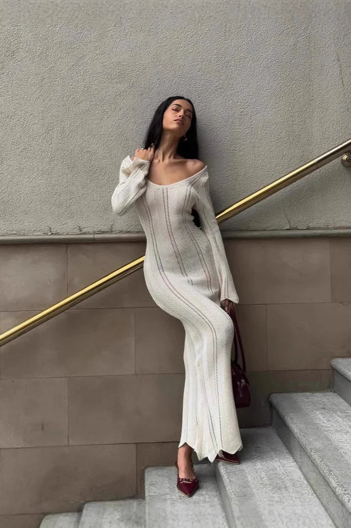 Pointelle Knit V-Neck Long Sleeve Bodycon Maxi Dress 2