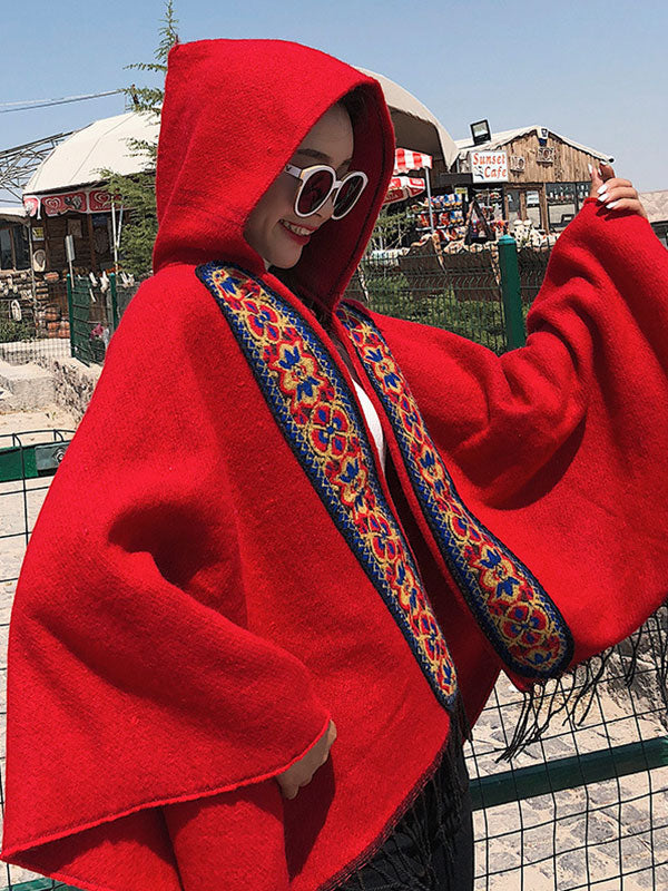 Splicing Red Shawl Cardigan with Hooded 4