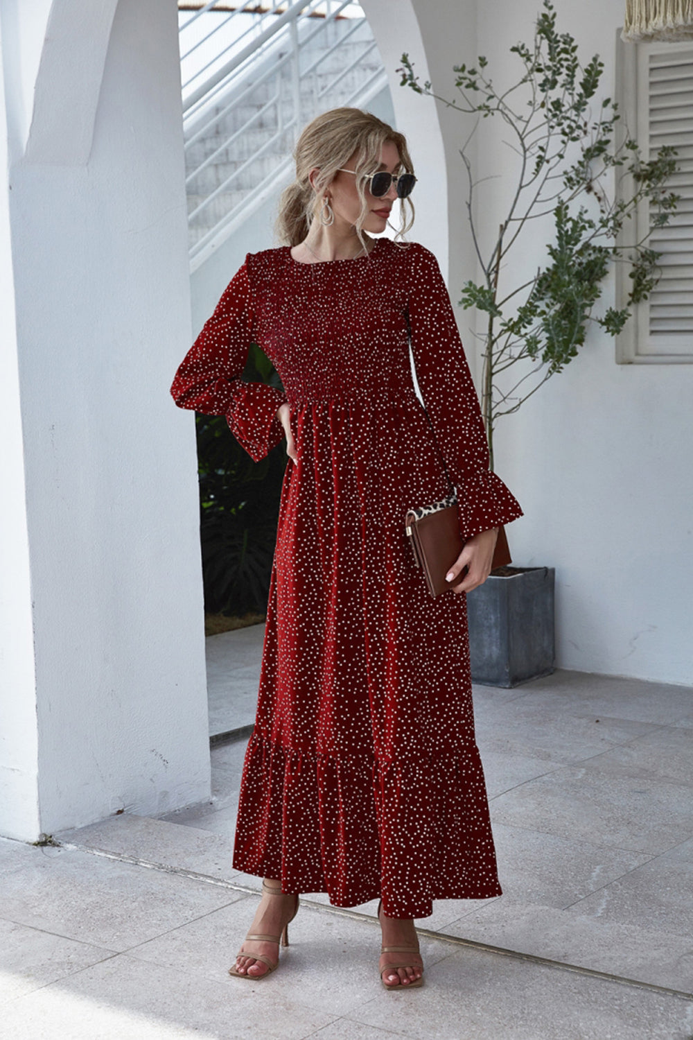 Printed Polka Dot Long Sleeve Dress - Fashionpara