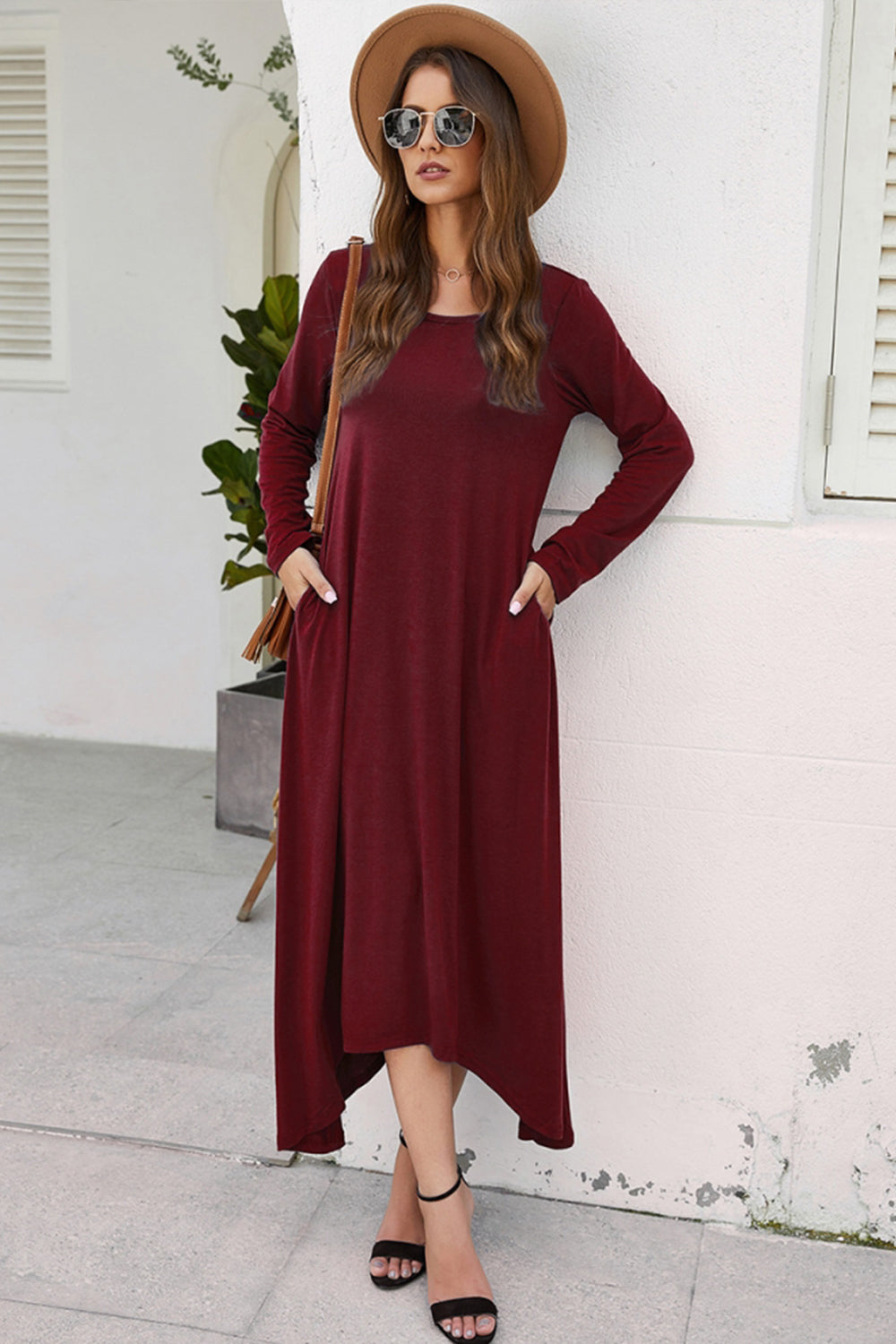 Solid Color Big Swing Skirt Long Sleeve Dress - Fashionpara