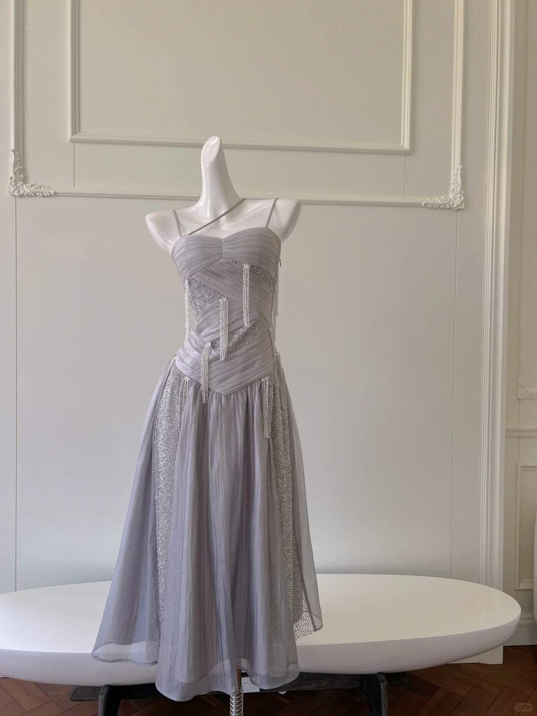 Sparkling A-line Strap Sequined Tassel Tulle Long Prom Dress Evening Dress P4060