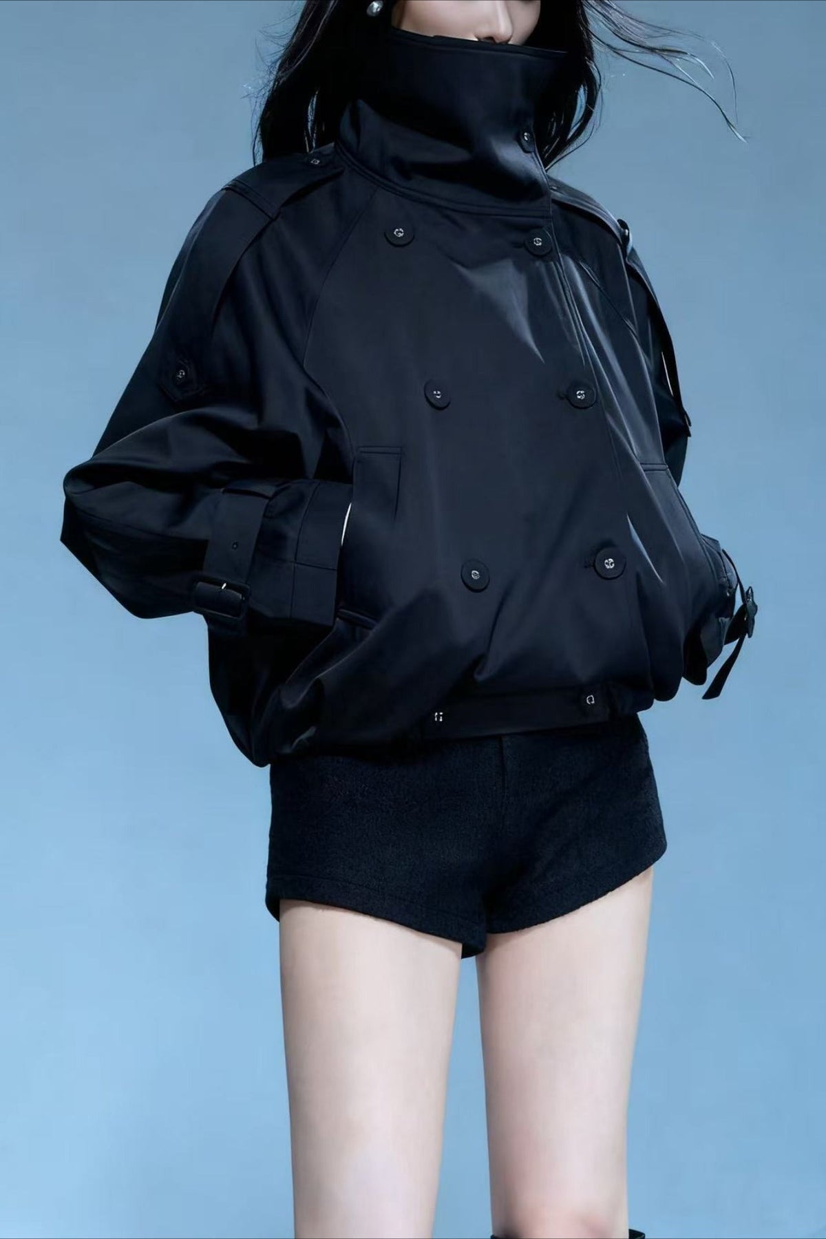 Stand Collar Double Breasted Khaki Cropped Coat