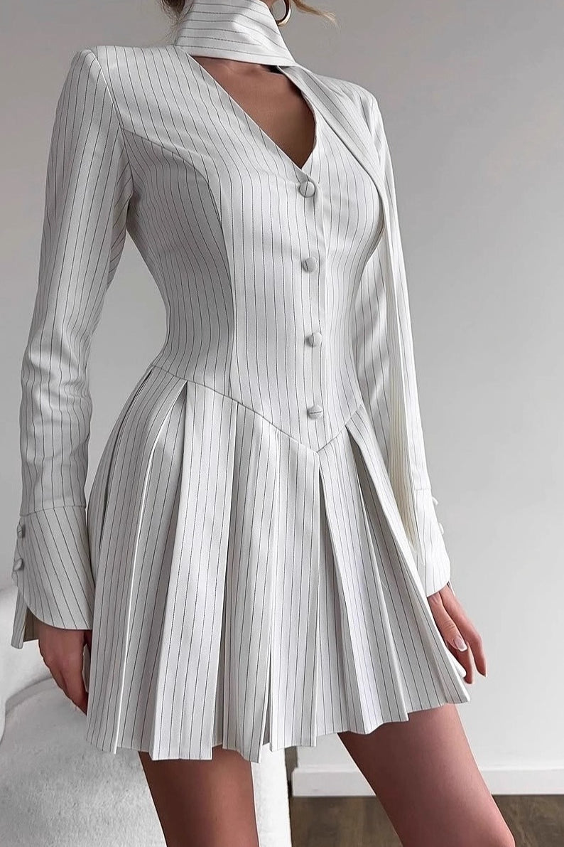 Pinstripe Long Sleeve Button-Front Pleated Mini Dress