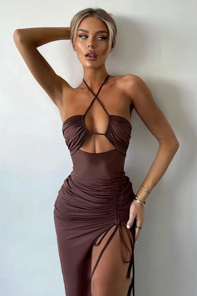 Sexy Halter Backless Cut Out Slit Maxi Dress