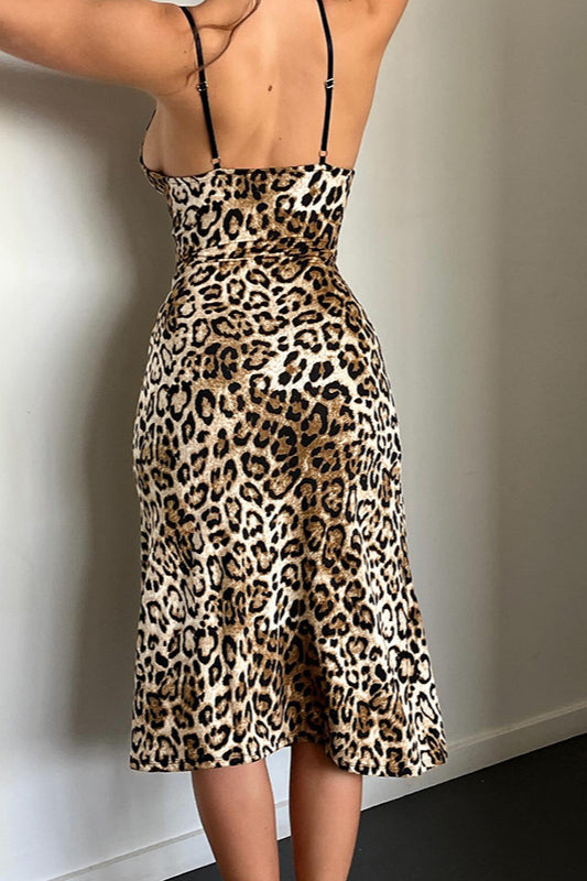 Leopard Lace Trim Cami Midi Dress