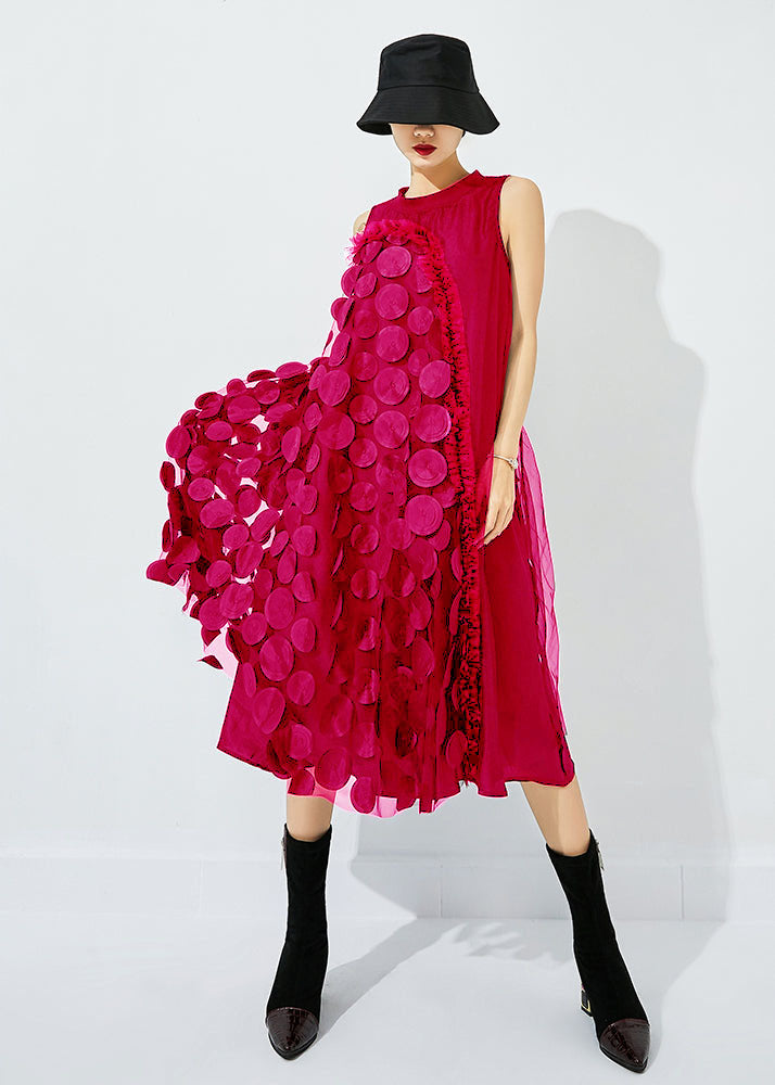 3D Circle Appliqué Asymmetric Drape High Neck Mesh Midi Dress