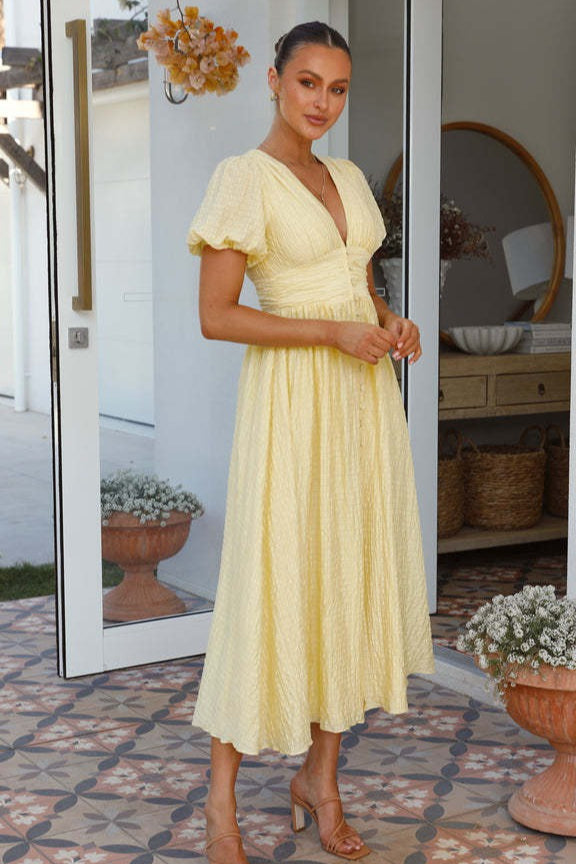 V-Neck Puff Sleeve Button-Front Ruched A-Line Maxi Dress 5